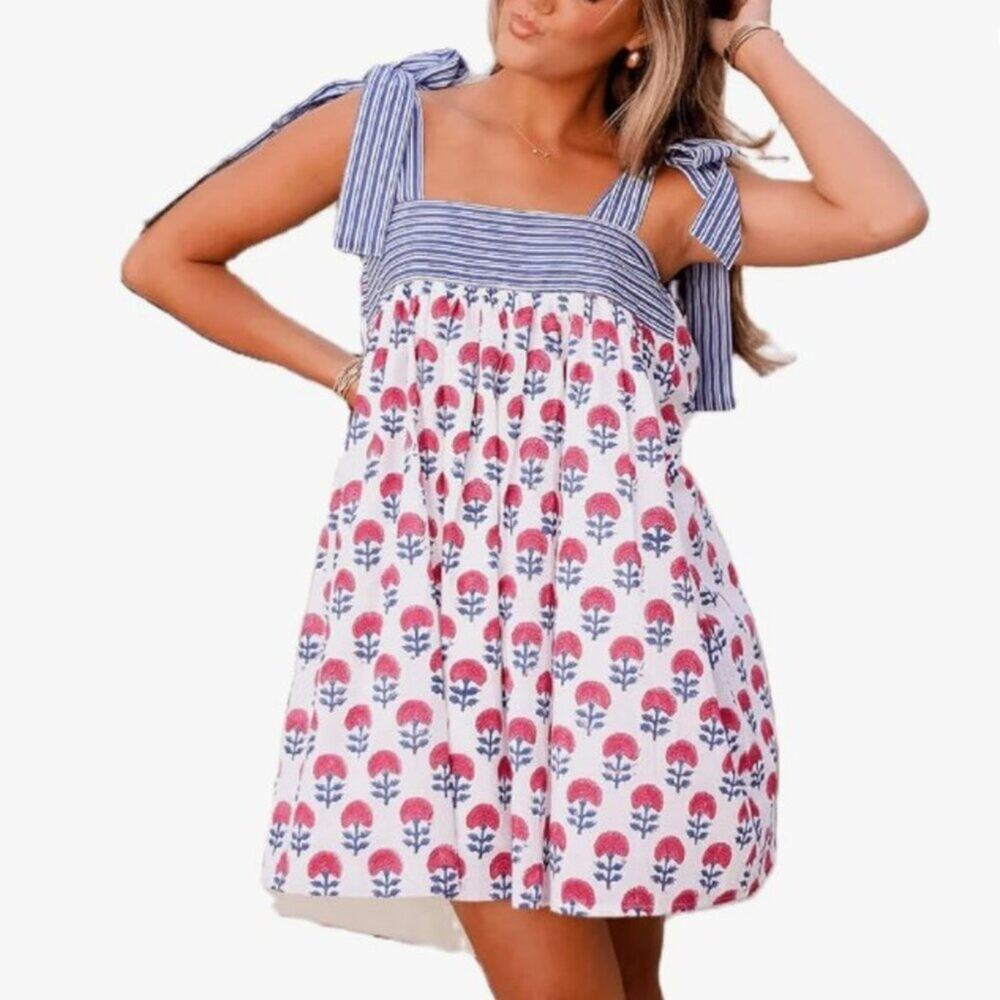 Source Unknown Women's Medium Red White & Blue Striped Floral Babydoll Dress